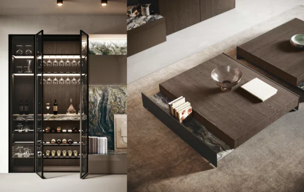 Bluna Laccato Lucido : Mobilier raffiné et fluide avec matériaux réfléchissants