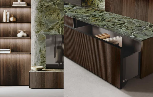 Avola Legno : Mobilier polyvalent alliant bois, verre et grès dans un design élégant