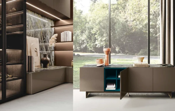 Bluna Laccato Lucido : Mobilier raffiné et fluide avec matériaux réfléchissants