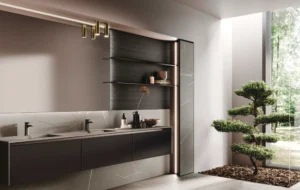 Avola Vetro : Salle de Bain Élégante avec Verre Mat, Gres Fiammato et Aluminium Noir