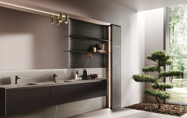 Avola Vetro : Salle de Bain Élégante avec Verre Mat, Gres Fiammato et Aluminium Noir