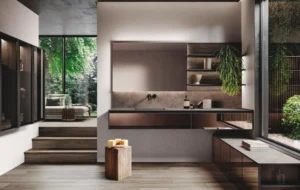 Avola Vetro X : Design de Salle de Bain Élégant avec Verre Stopsol, Aluminium Noir et Bois de Chêne