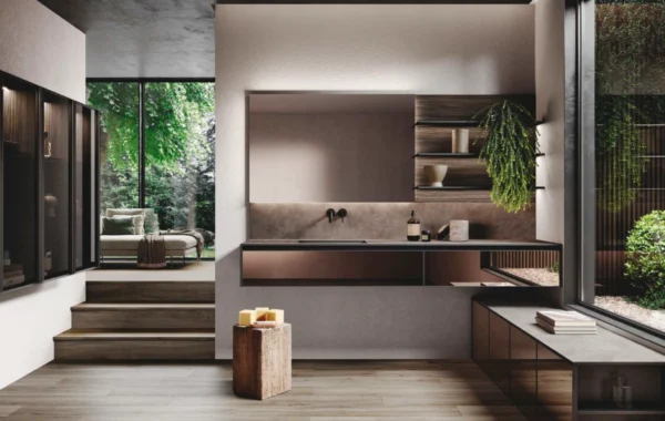 1 Avola Vetro X : Design de Salle de Bain Élégant avec Verre Stopsol, Aluminium Noir et Bois de Chêne