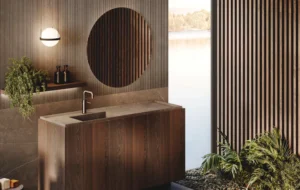 Scava Legno : Salle de Bain Élégante en Bois Rovere Termotrattato avec Éclairage LED