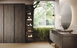Bluna Metal : Salle de Bain Design en Titanio et Bois Rovere Vesuvio