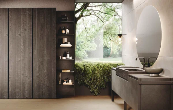 Bluna Metal : Salle de Bain Design en Titanio et Bois Rovere Vesuvio