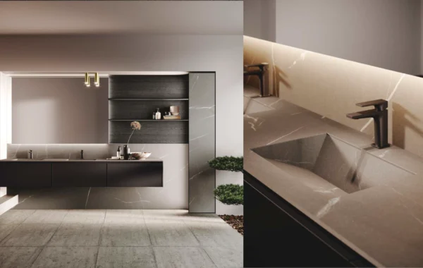 Avola Vetro : Salle de Bain Élégante avec Verre Mat, Gres Fiammato et Aluminium Noir