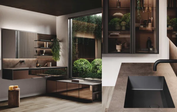 2 Avola Vetro X : Design de Salle de Bain Élégant avec Verre Stopsol, Aluminium Noir et Bois de Chêne