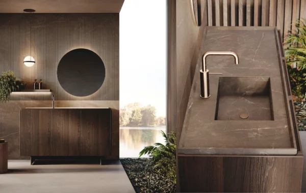 Scava Legno : Salle de Bain Élégante en Bois Rovere Termotrattato avec Éclairage LED