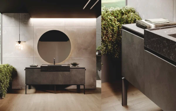 Bluna Metal : Salle de Bain Design en Titanio et Bois Rovere Vesuvio